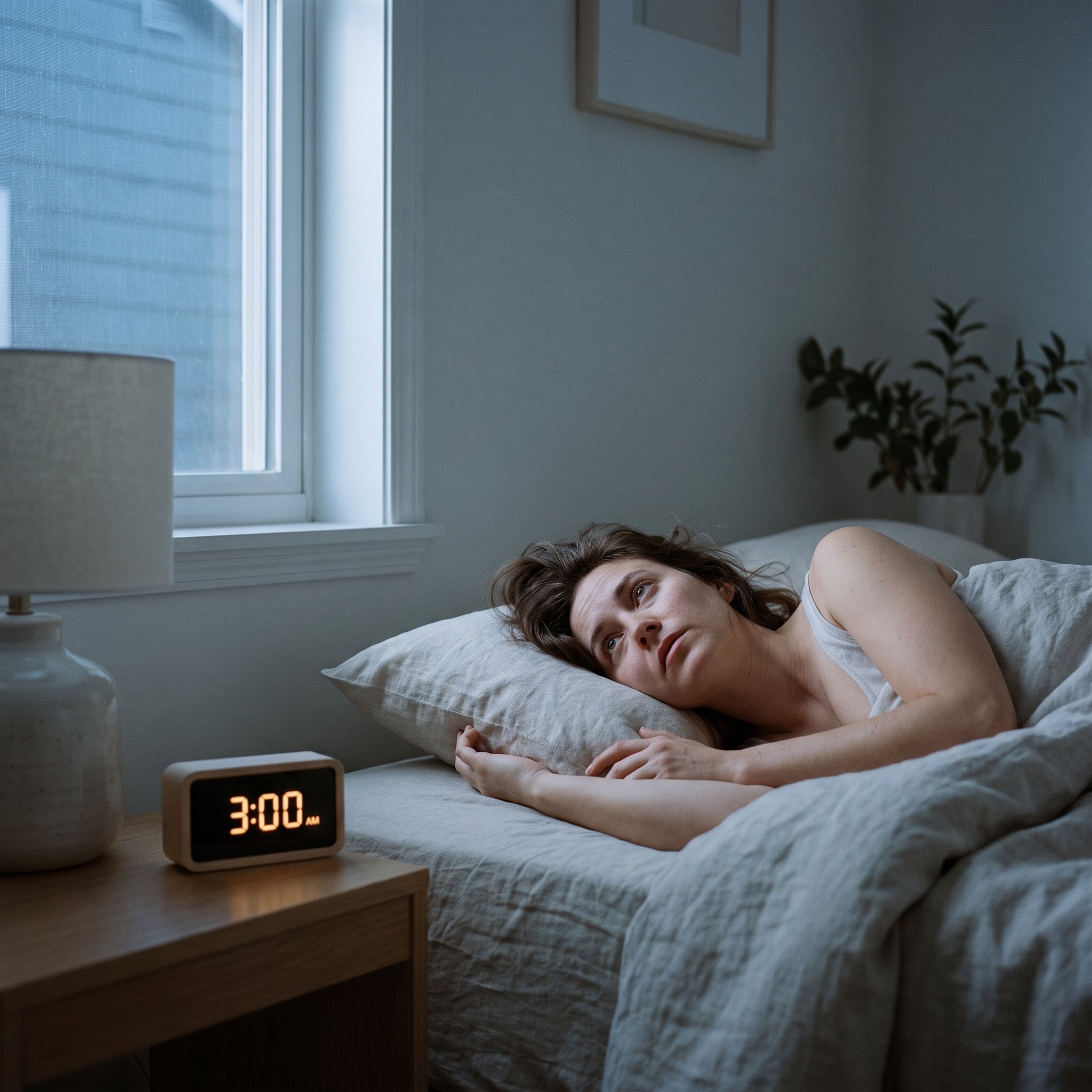 A clock reading 3am beside a tired woman